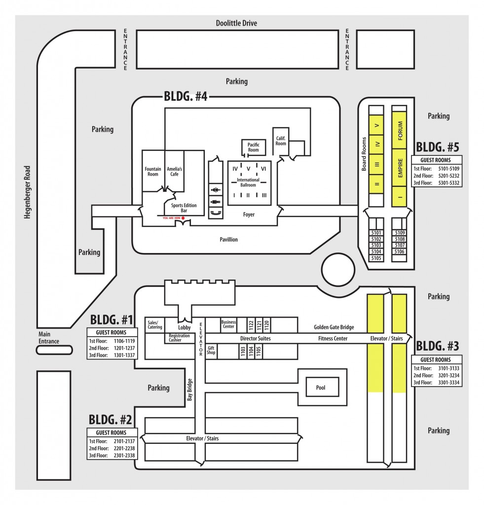 Gaming spaces highlighted in yellow.